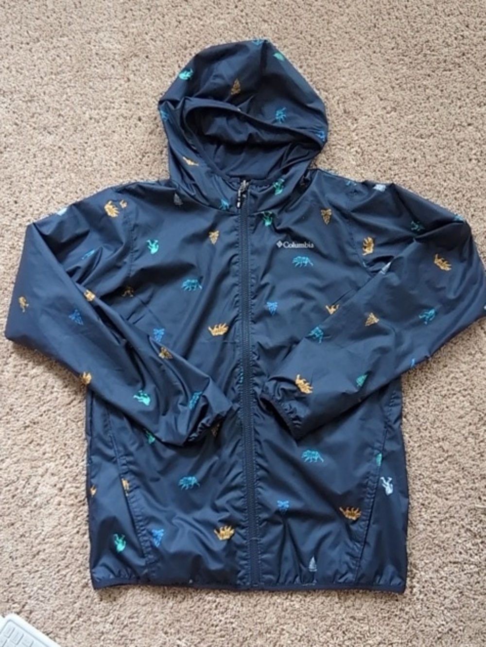 Columbia Navy Hooded Jacket with Teal and Gold Animal Motifs